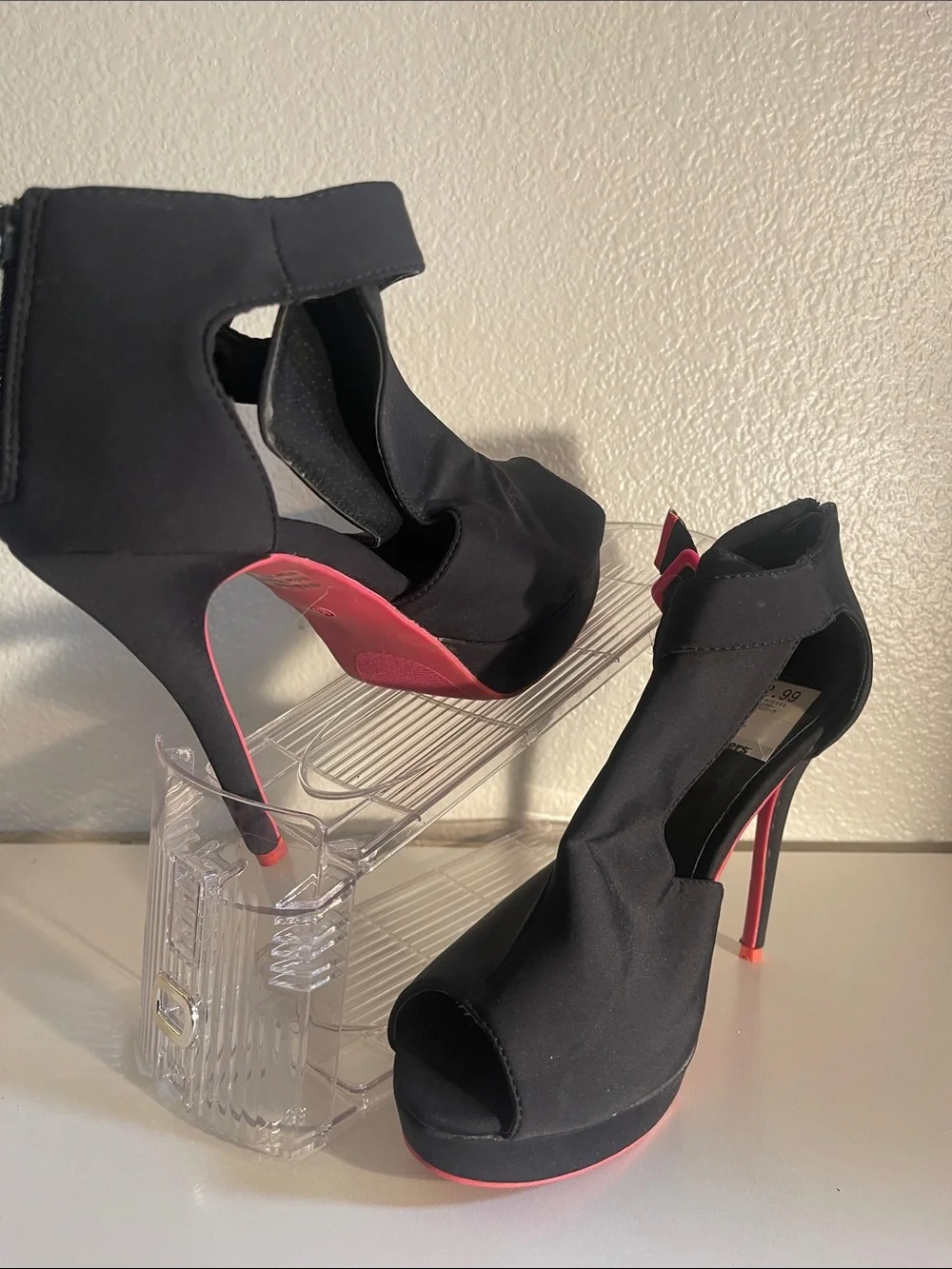 Wild Diva Black Peep-Toe Stiletto Heels with Pink Accents